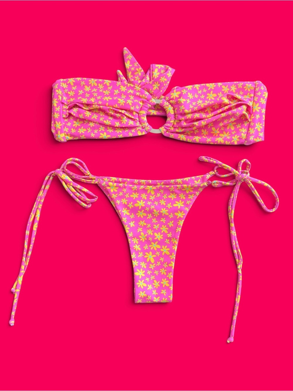Kulani Kini's Bandeau Top Side String Tie bikini Bottoms Berry Blush set Medium
